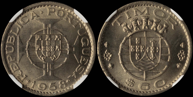 TIMOR: 60 Centavos (1958) in copper-nickel. Shield within globe on maltese cross...