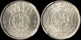 TIMOR: 10 Escudos (1964) in silver (0,650). Shield within globe on maltese cross on obverse. Shield within crowned globe on reverse. Inside slab by NG...