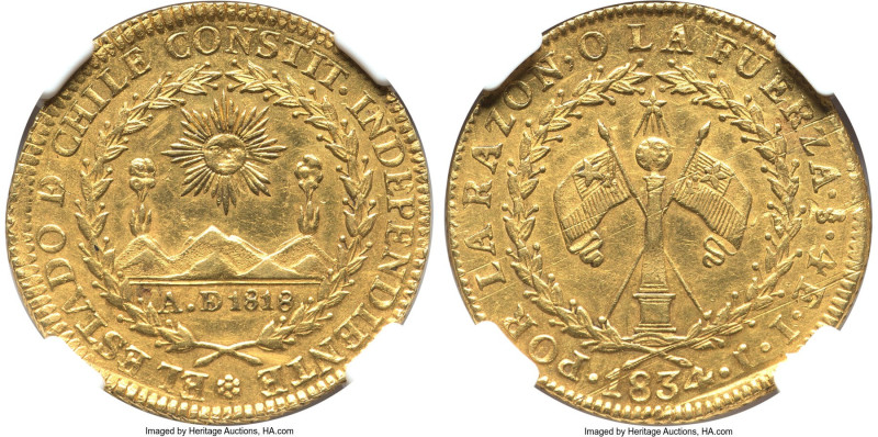 Republic gold 4 Escudos 1834 So-IJ AU55 NGC, Santiago mint, KM87. Mintage: 2,564...