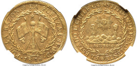 Republic gold 8 Escudos 1818 So-FD AU Details (Rim Damage) NGC, Santiago mint, KM84. "CONSTITU" variety. Only lightly circulated, the damage not distr...