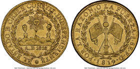 Republic gold 8 Escudos 1819 So-FD AU Details (Obverse Scratched) NGC, Santiago mint, KM84. Overall lemon-yellow and with some residual luster. From t...