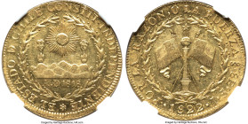 Republic gold 8 Escudos 1822 So-FI AU58 NGC, Santiago mint, KM84. Shy of a Mint State designation. From the Colección Val y Mexía HID09801242017 © 202...