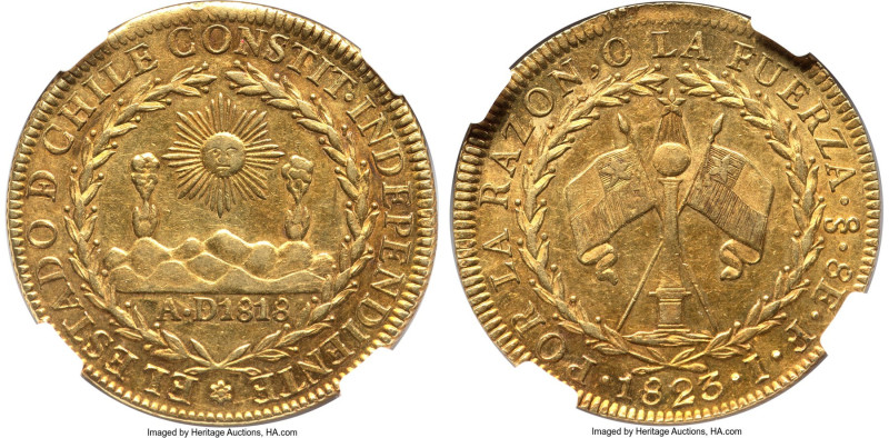 Republic gold 8 Escudos 1823 So-FI AU50 NGC, Santiago mint, KM84. Highly lustrou...