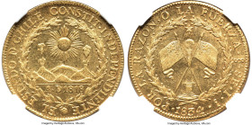 Republic gold 8 Escudos 1834 So-IJ AU58 NGC, Santiago mint, KM84. Soundly struck and sharp. From the Colección Val y Mexía HID09801242017 © 2024 Herit...