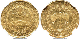Republic gold 8 Escudos 1834 So-IJ AU58 NGC, Santiago mint, KM84. Amply lustrous and shy of a Mint State designation. From the Colección Val y Mexía H...