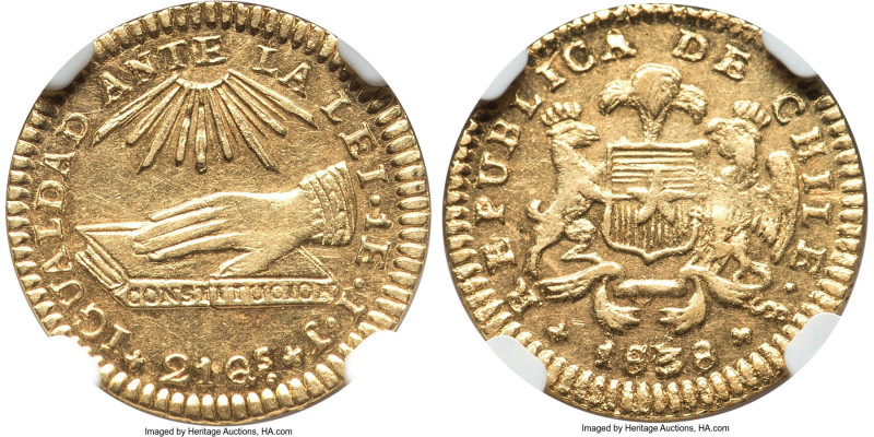 Republic gold Escudo 1838-IJ AU55 NGC, Santiago mint, KM99. A lustrous, sharp pi...