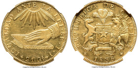 Republic gold 8 Escudos 1835 So-IJ AU55 NGC, Santiago mint, KM93. A very bold and sharp piece with lustrous legends. From the Colección Val y Mexía HI...