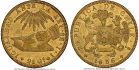 Republic gold 8 Escudos 1836 So-IJ AU55 NGC, Santiago mint, KM93. Overstruck on a Republic 8 Escudos 1818-1834. With the iconic sun from the host visi...
