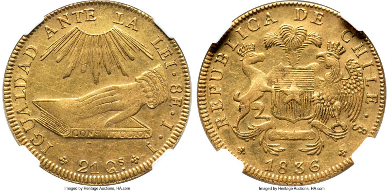 Republic gold 8 Escudos 1836 So-IJ AU53 NGC, Santiago mint, KM93. Lightly toned....