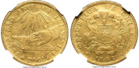 Republic gold 8 Escudos 1836 So-IJ AU50 NGC, Santiago mint, KM93. Overstruck on a Republic 8 Escudos 1820 So-FD. An interesting piece with the 1820 ho...