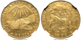 Republic gold 8 Escudos 1836-IJ VF Details (Scratches) NGC, Santiago mint, KM93. Overstruck on a Republic 8 Escudos 1818-1834. With both obverse and r...