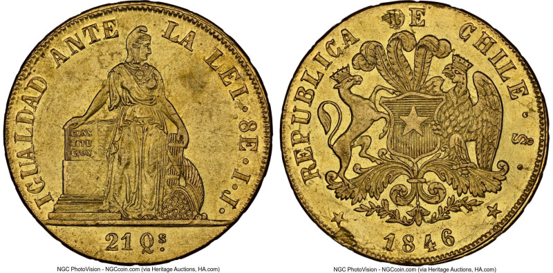 Republic gold 8 Escudos 1846 So-IJ AU53 NGC, Santiago mint, KM105. Marzo on edge...