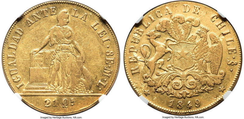 Republic gold 8 Escudos 1849 So-ML AU50 NGC, Santiago mint, KM105. Abril on edge...