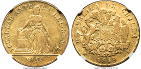 Republic gold 8 Escudos 1849 So-ML AU50 NGC, Santiago mint, KM105. Abril on edge. On the cusp of the certified population, with no Mint State examples...