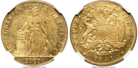 Republic gold 8 Escudos 1851 So-LA AU55 NGC, Santiago mint, KM105. Julio on edge. Crisp and radiant for the assigned grade. From the Colección Val y M...