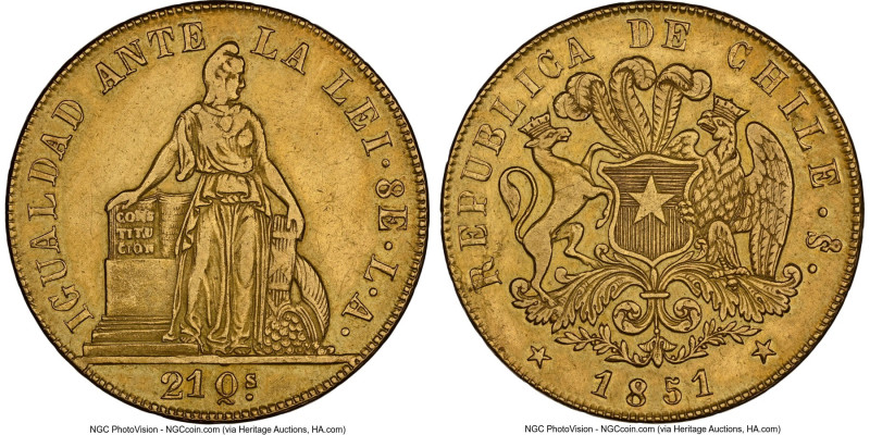 Republic gold 8 Escudos 1851 So-LA AU Details (Cleaned) NGC, Santiago mint, KM10...