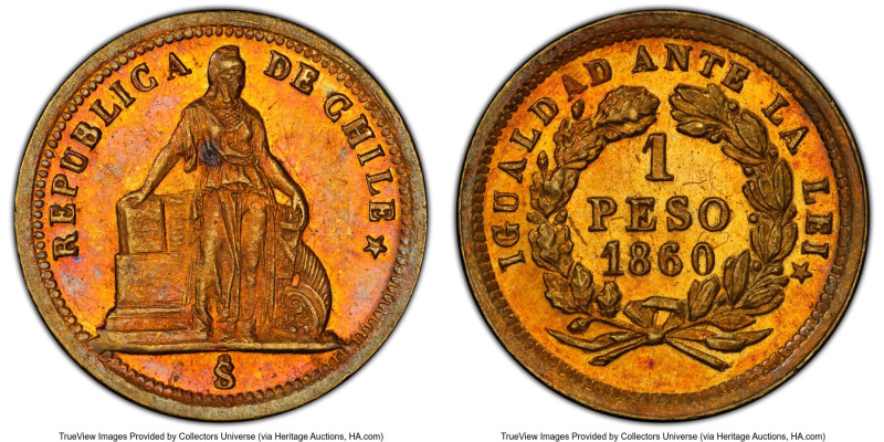 Republic gold Peso 1860-So MS63 PCGS, Santiago mint, KM133. Choice in both grade...