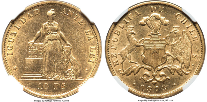 Republic gold 10 Pesos 1873-So AU58 NGC, Santiago mint, KM145. With cartwheeling...