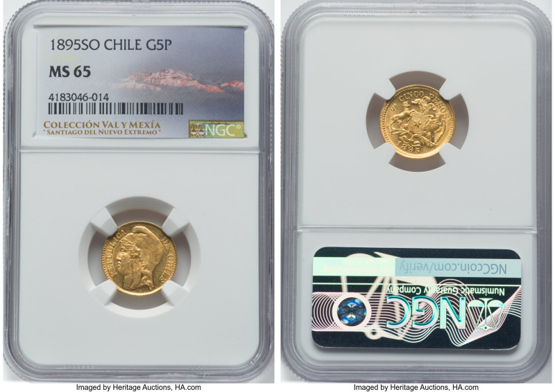 Republic gold 5 Pesos 1895-So MS65 NGC, Santiago mint, KM153. From the Colección...