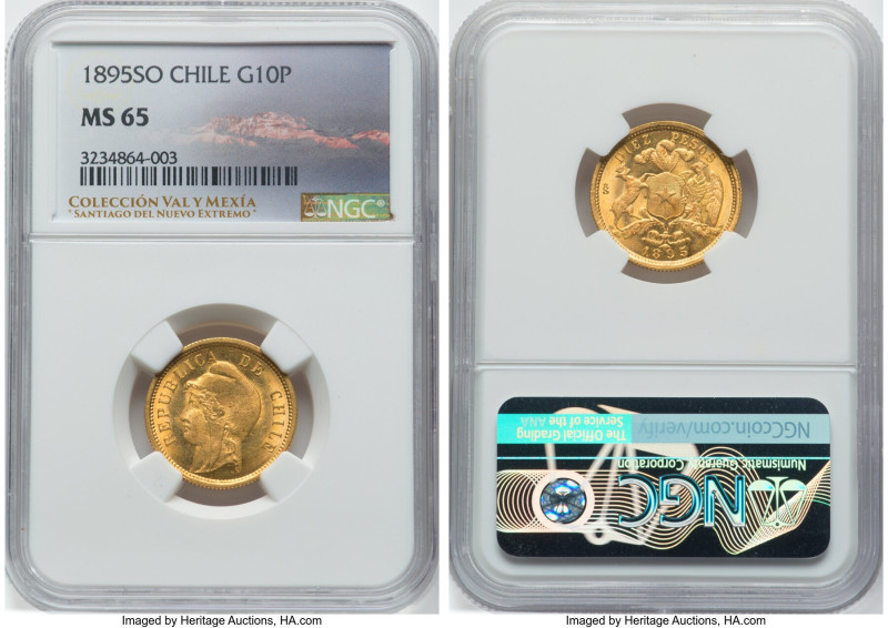 Republic gold 10 Pesos 1895-So MS65 NGC, Santiago mint, KM154. A blooming Gem. F...