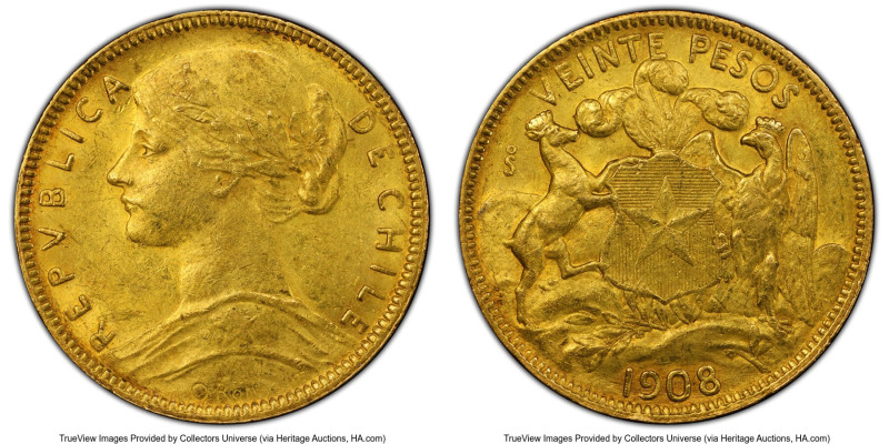 Republic gold 20 Pesos 1908-So AU58 PCGS, Santiago mint, KM158. Mintage: 26,000....