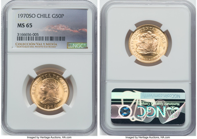 Republic gold 50 Pesos 1970-So MS65 NGC, Santiago mint, KM169. From the Colecció...