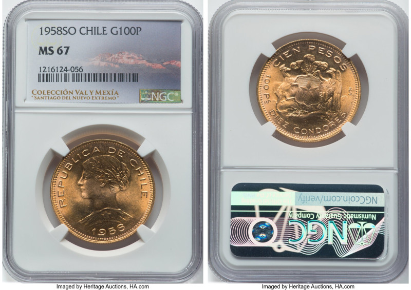 Republic gold 100 Pesos 1958-So MS67 NGC, Santiago mint, KM175. A charmingly ton...