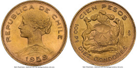 Republic gold 100 Pesos 1959-So MS65 NGC, Santiago mint, KM175. From the Colección Val y Mexía HID09801242017 © 2024 Heritage Auctions | All Rights Re...