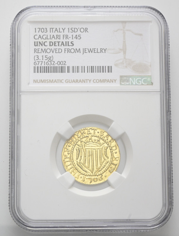 CAGLIARI
Filippo V di Spagna, 1701-1746.
Scudo d'oro 1703.
Au
gr. 3,15
Dr. ...