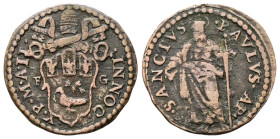 GUBBIO
Innocenzo X (Giovanni Battista Pamphilj), 1644-1655.
Quattrino a. II.
Æ
gr. 2,80
Dr. •INNOC• - X•P•M• A•II•. Stemma sormontato da triregno...