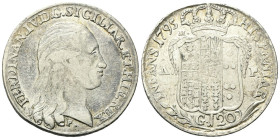 NAPOLI
Ferdinando IV (I) di Borbone, 1759-1816.
Piastra da 120 Grana 1795.
Ag
gr. 27,30
Dr. FERDINAN•IV•D•G•SICILIAR•ET•HIE REX. Testa nuda a d....