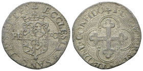 POMPONESCO
Giulio Cesare Gonzaga, 1583-1593.
Bianco.
Mi
gr. 5,21
Dr. +ECCLESIA✿SANTORVM SEPTEM. Stemma coronato; ai lati, FE- RAT.
Rv. +I•C[G]M•...