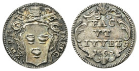 ROMA
Innocenzo XII (Antonio Pignatelli), 1691-1700.
Mezzo Grosso 1692.
Ag
gr. 0,77
Dr. INNOC - XII•P•M. Stemma sormontato da triregno e chiavi de...