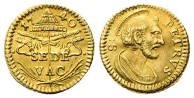 ROMA
Sede Vacante (Cam. Card. Annibale Albani), 1740.
Mezzo scudo romano 1740
Au
gr. 0,90
Dr. 17- 40. Padiglione con chivi decussate; sotto, SEDE...