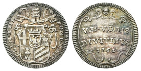ROMA
Clemente XIII (Carlo della Torre di Rezzonico), 1758-1769. 
Mezzo Grosso 1762 a. IV.
Ag
gr. 0,65
Dr. CLEM•XIII - PONT•M•A•IV. Stemma a targa...