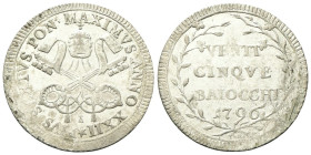 ROMA
Pio VI (Giannangelo Braschi), 1775-1799.
Da 25 Baiocchi 1796 a. XXII.
Mi
gr. 6,84
Dr. ★PIVS SEXTVS PON•MAXIMVS ANNO XXII. Chiavi decussate c...