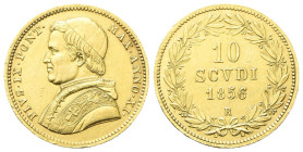 ROMA
Pio IX (Giovanni Maria Mastai Ferretti), 1846-1878.
10 Scudi 1856 a. XI.
Au
gr. 17,29
Dr. PIVS•IX• PONT• - MAX•ANNO•XI•. Busto a s. con zucc...