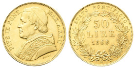 ROMA
Pio IX (Giovanni Maria Mastai Ferretti), 1846-1878.
50 lire 1868 a. XXII. 
Au
gr. 16,10
Dr. PIVS IX PON• - MAX•A•XXII. Busto a d. con zucche...