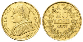 ROMA
Pio IX (Giovanni Maria Mastai Ferretti), 1846-1878.
20 Lire 1867 a. XXII, busto medio.
Au
gr. 6,43
Dr. PIVS IX PON• - MAX• A XXII. Busto a s...