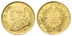 ROMA
Pio IX (Giovanni Maria Mastai Ferretti), 1846-1878.
10 Lire 1867 a. XXII.
Au
gr. 3,22
Dr. PIVS IX PON• - MAX•A•XXII. Busto a s. con zucchett...