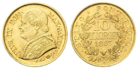 ROMA
Pio IX (Giovanni Maria Mastai Ferretti), 1846-1878.
10 Lire 1867 a. XXII.
Au
gr. 3,22
Dr. PIVS IX PON• - MAX•A•XXII. Busto a s. con zucchett...
