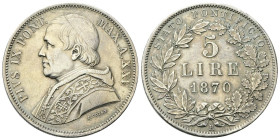 ROMA
Pio IX (Giovanni Maria Mastai Ferretti), 1846-1878.
5 Lire 1870 a. XXV.
Ag
gr. 24,95
Dr. PIVS IX PONT. - MAX.A.XXV. Busto a s. con zucchetto...