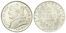 ROMA
Pio IX (Giovanni Maria Mastai Ferretti), 1846-1878.
2 Lire 1867 a. XXII.
Ag
gr. 9,99
Dr. PIVS IX PON• - MAX•A•XXII•. Busto a s. con zucchett...