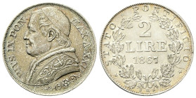 ROMA
Pio IX (Giovanni Maria Mastai Ferretti), 1846-1878.
2 Lire 1867 a. XXII.
Ag
gr. 10
Dr. PIVS IX PON• - MAX•A•XXII. Busto a s. con zucchetto, ...