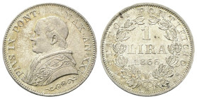 ROMA
Pio IX (Giovanni Maria Mastai Ferretti), 1846-1878.
Lira 1866 a. XXI, busto piccolo.
Ag
gr. 5,03
Dr. PIVS IX PONT• - MAX•AN•XXI. Busto a s.,...