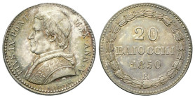 ROMA
Pio IX (Giovanni Maria Mastai Ferretti), 1846-1878.
20 Baiocchi 1850 a. V.
Ag
gr. 5,35
Dr. PIVS•IX•PONT• - MAX•ANN•V•. Busto a s., con zucch...
