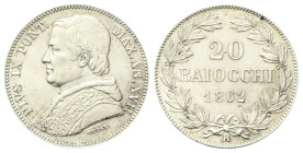 ROMA
Pio IX (Giovanni Maria Mastai Ferretti), 1846-1878.
20 Baiocchi 1862 a. XVII.
Ag
gr. 5,71
Dr. PIVS IX PONT. - MAX.AN.XVII. Busto a s. con zu...