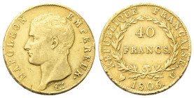 TORINO
Napoleone I Imperatore, 1804-1814 e 1815.
40 Franchi 1806 Torino.
Au
gr. 12,88
Dr. NAPOLEON - EMPEREUR•. Testa nuda a s.
Rv. REPUBLIQUE -...