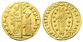 VENEZIA
Pietro Loredan Doge LXXXIV, 1567-1570.
Zecchino.
Au
gr. 3,49
Dr. PETR•LAVR - S•M•VENET•. San Marco stante verso s., porge il vessillo al ...