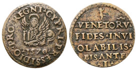 VENEZIA
Cipro, monetazione battuta durante l'assedio del 1570.
Bisante ossidionale 1570.
Cu
gr. 5,58
Dr.▾PRO▾REGNI▾CYPRI▾PRESSIDIO. Leone di San ...